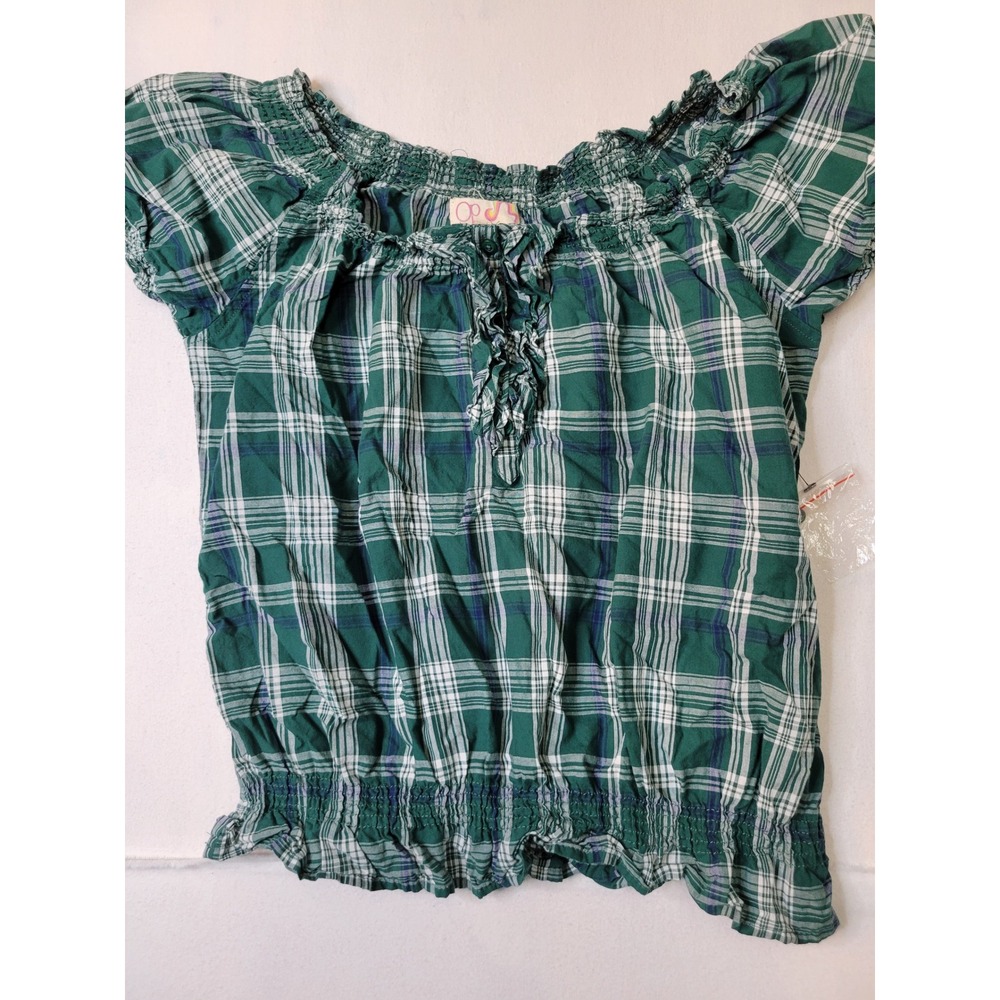 Op Ocean Pacific Green Plaid Smocked Off Shoulder Peasant Top Large 11/13 2407